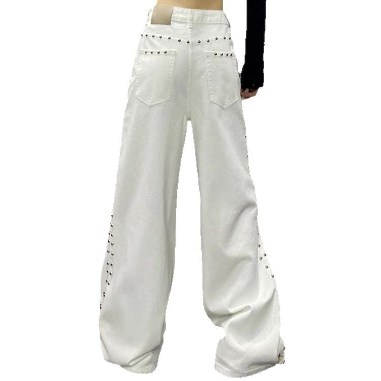 American-style Plus Size Handsome Beaded White Jeans