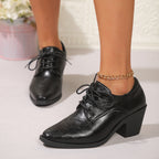 Pointed British Style High Heel Chunky Heel Front Lace-up Low-top Leather Shoes