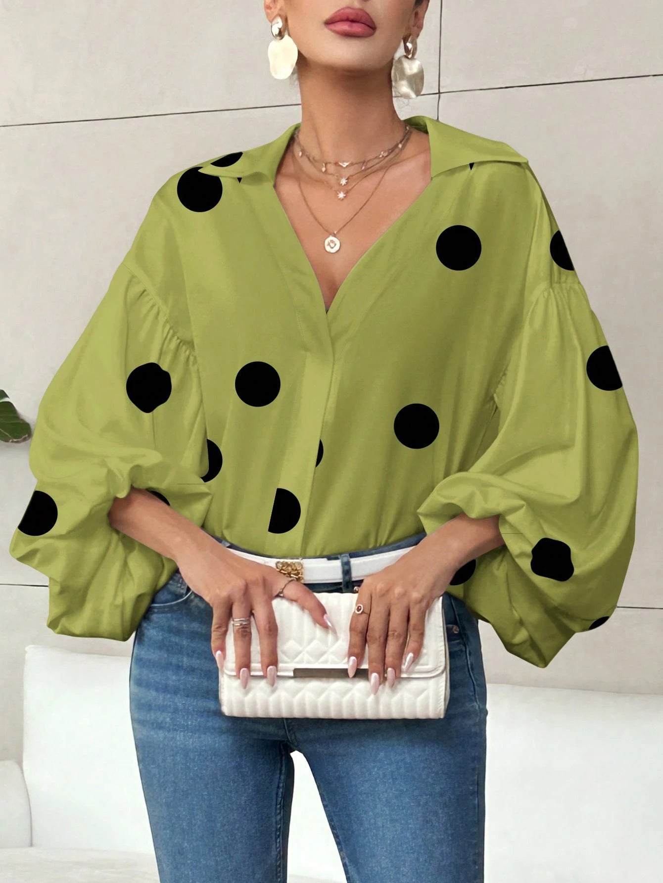 Niche Fashionable French Polka Dot Half-open Collar Design Loose Bubble Long Sleeve Top