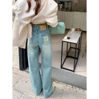 Ripped Narrow Version Wide-leg Loose Drape Mopping Pants Hot Girl High Waist Women's Straight Denim Trousers