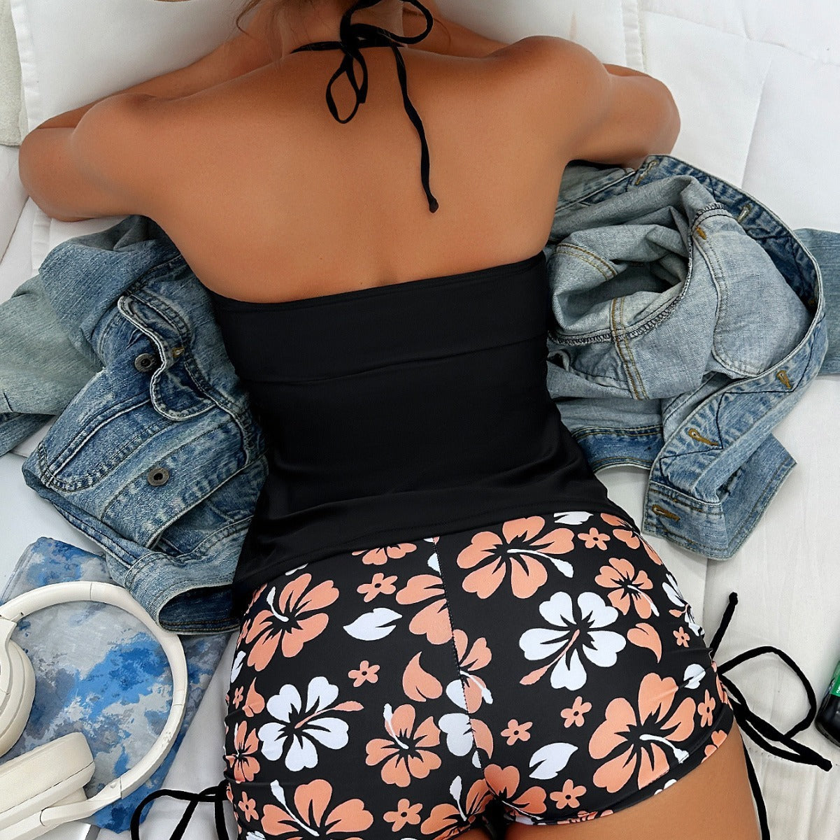 Halterneck Printed Halter Bikini Split Swimsuit For Women