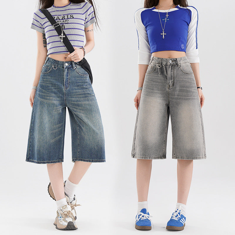 Women's American-style Retro High Street Denim Cropped Pants Summer