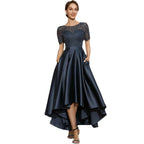 Navy Blue Satin Ball Lace Short Sleeve Dress