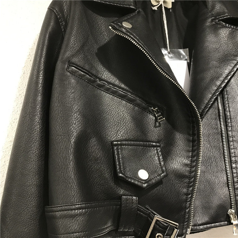 Women's Short Lace-up Motorcycle Pu Leather Jacket