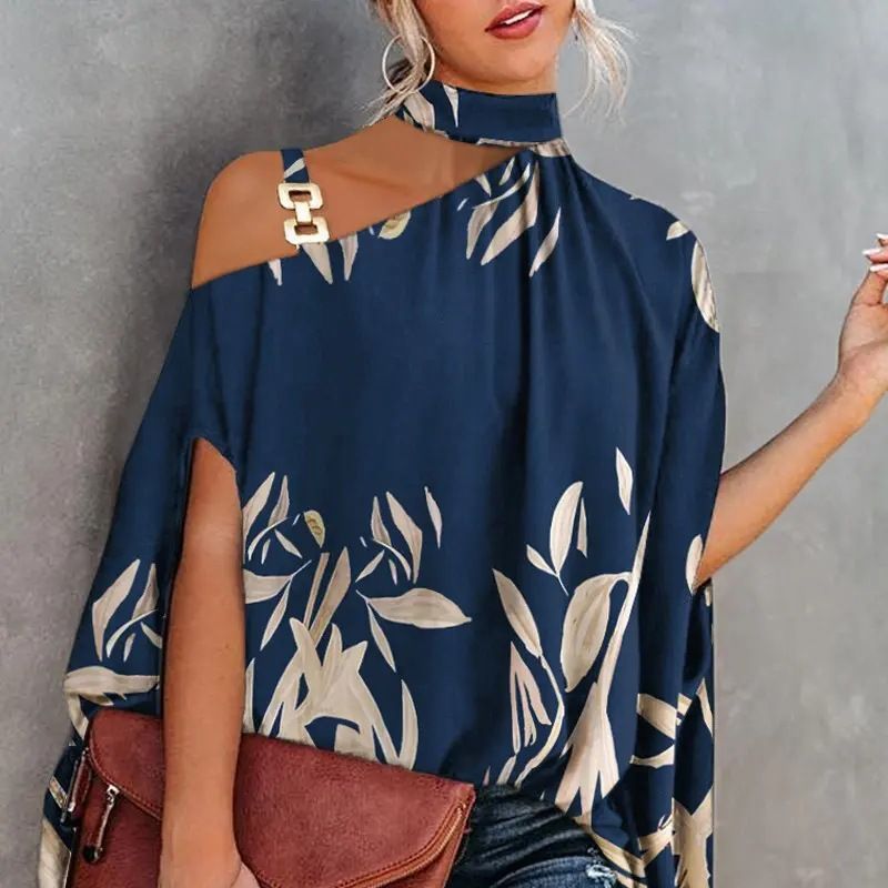 Wear Halter Shawl Printed Elegant Short Sleeve Bat Shirt