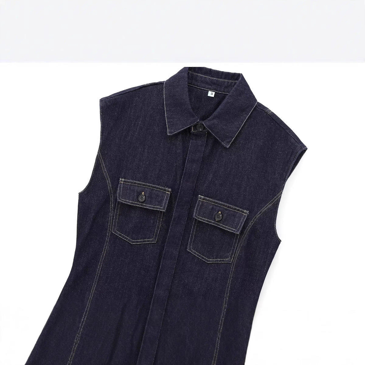 European And American Style Fashion String Decoration Lapel Sleeveless Denim Shirt