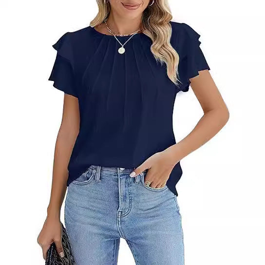 Summer Pleated Short Sleeve Round Neck Top Business Work Shirt