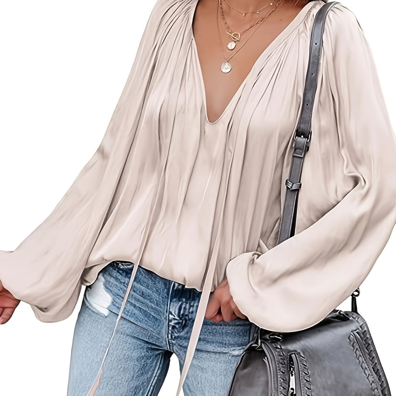 Women's Satin V-neck Long Sleeve Shirt Casual