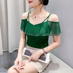 Mesh Hot Drilling V-neck Patchwork Top