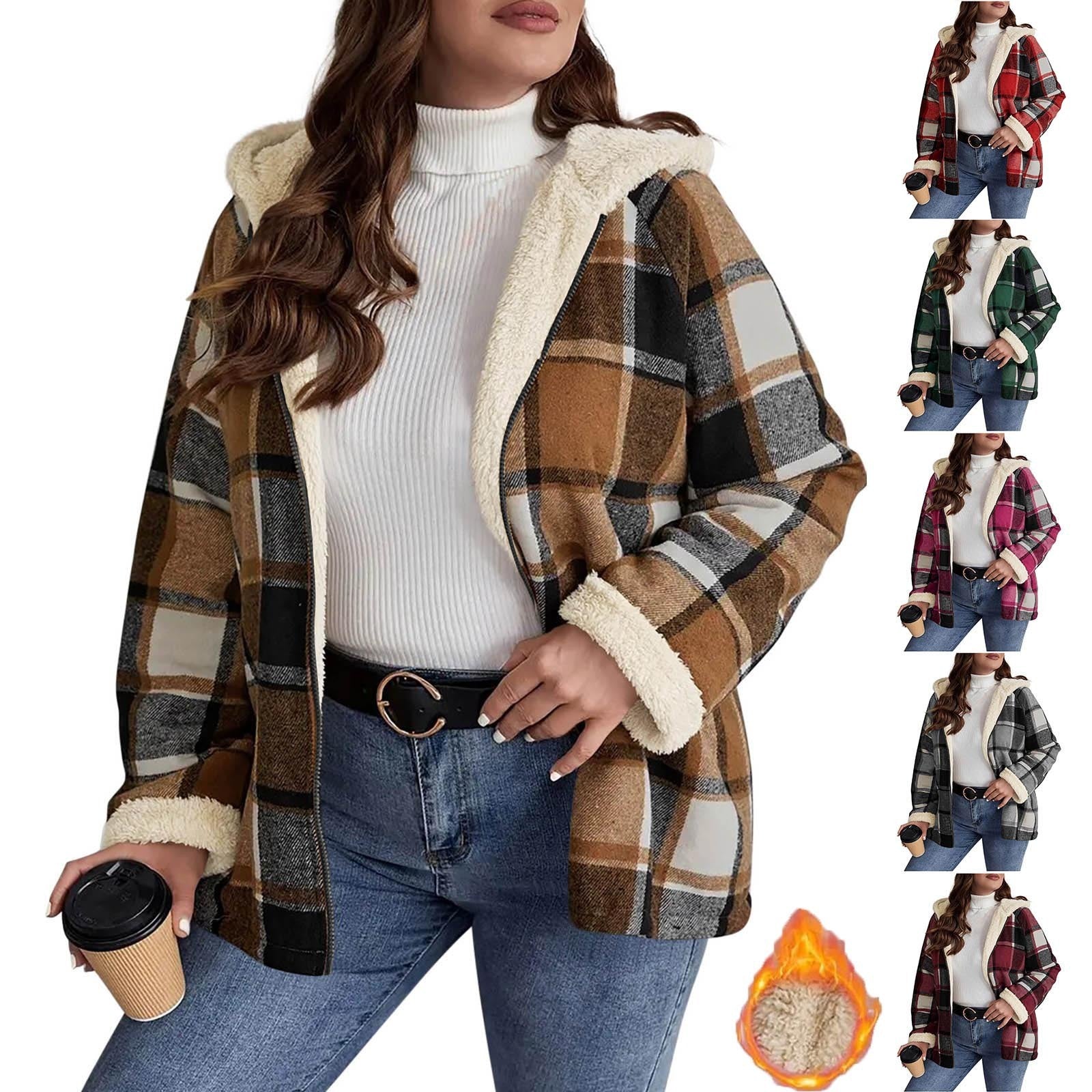 Plaid Printed Coat Fleece-lined Thickened Composite Hooded
