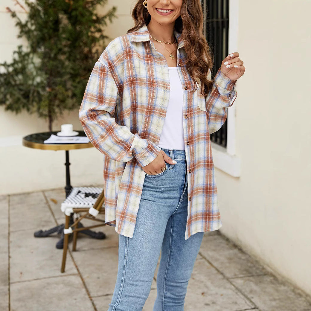 Plaid Long Sleeve Pocket Button Shirt Mid-length