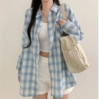 Blue Plaid Shirt For Women Loose Long Sleeve Jacket