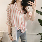 Lace-up Three-quarter Sleeve Striped Shirt For Women