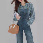 Blue Shoulder Strap Jeans Loose Straight Slimming Shirt