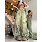 High Waist Painted Raw Edge Ripped Wide Leg Jeans For Women Loose Drape Straight Floor-length Trousers