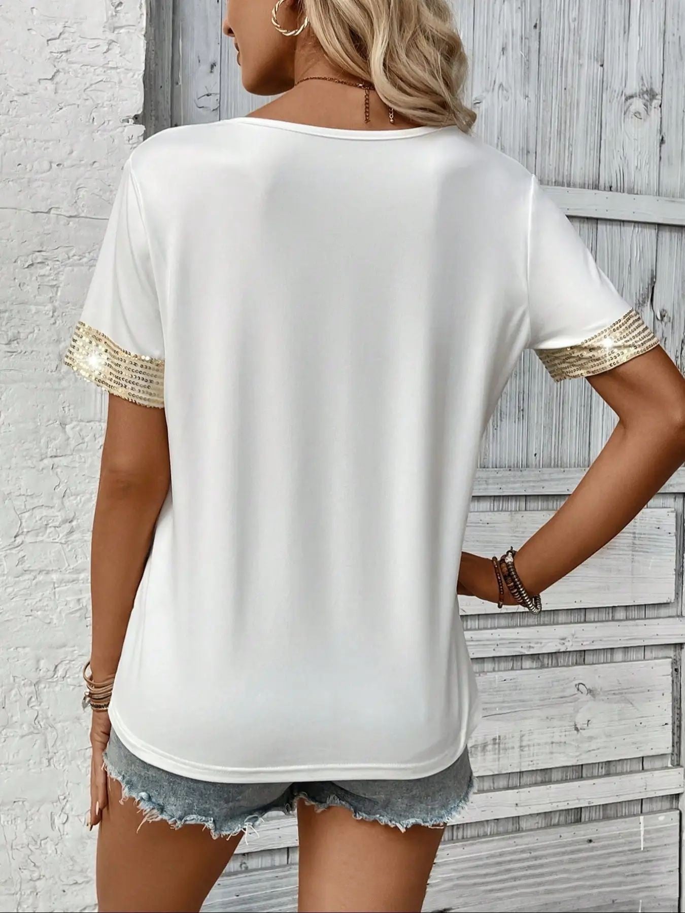 Pocket V-neck Patchwork Top T-shirt Casual T Short Sleeve