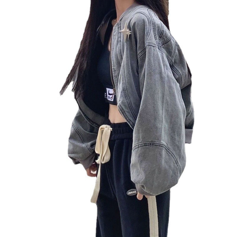 Women's Short Curved Hem Washed Denim Jacket