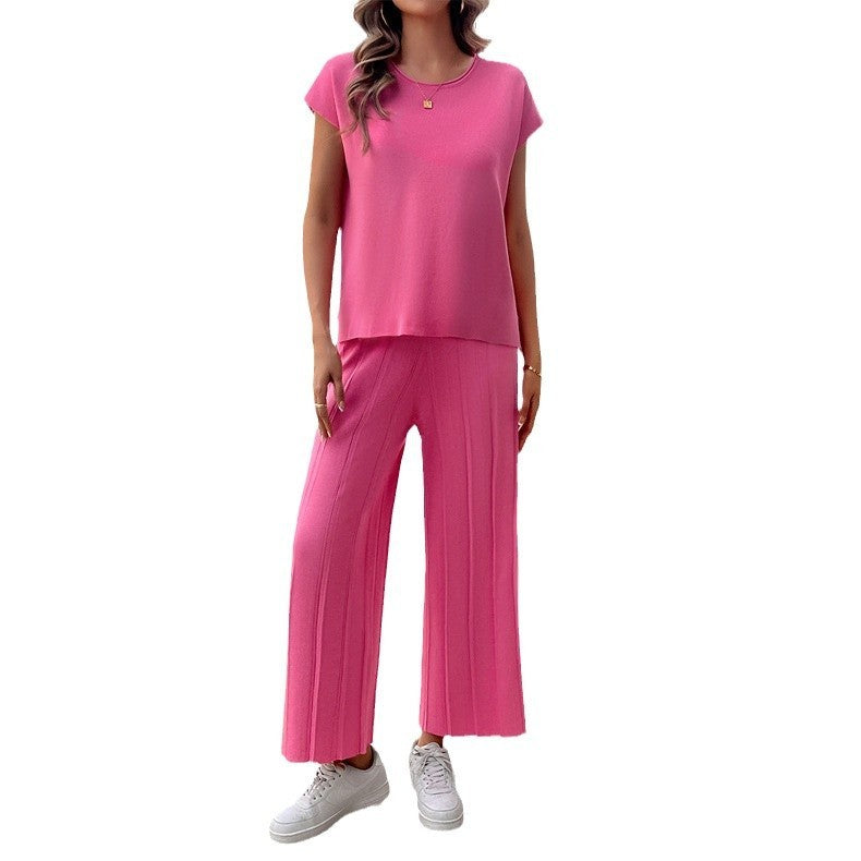 Simple Casual Style Solid Color Top Wide Leg Sweater Suit