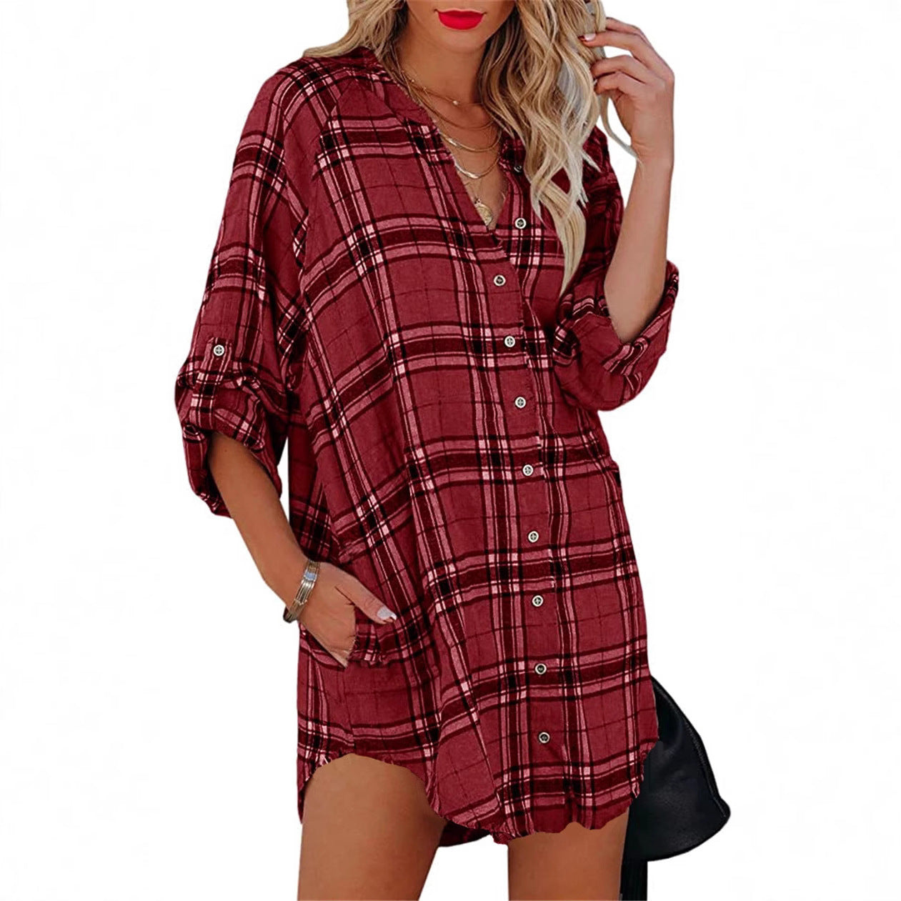 Plaid Printed V-neck Long Sleeve Top