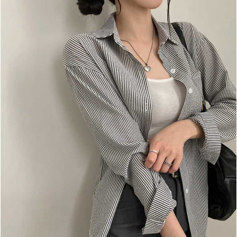 French Classic Striped Pleated Loose Pockets Long Sleeve All-matching Shirt