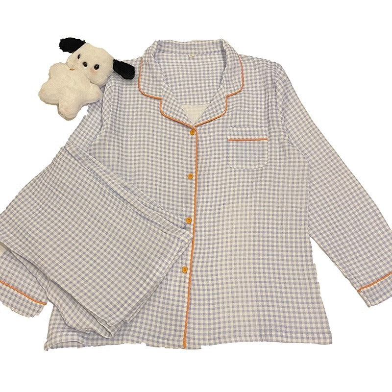 Yellow Plaid Long Sleeve Couple Simple Homewear Suit