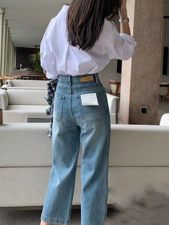 Light Blue Wide-leg Jeans For Women High Waist Loose Slimming Petite Nine-point Straight